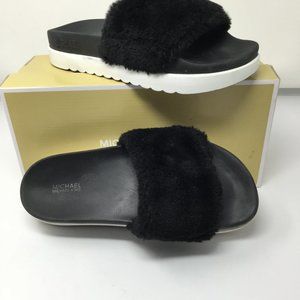 MICHAEL Michael Kors Black Faux Fur Slide Sandals with White Platform Sole